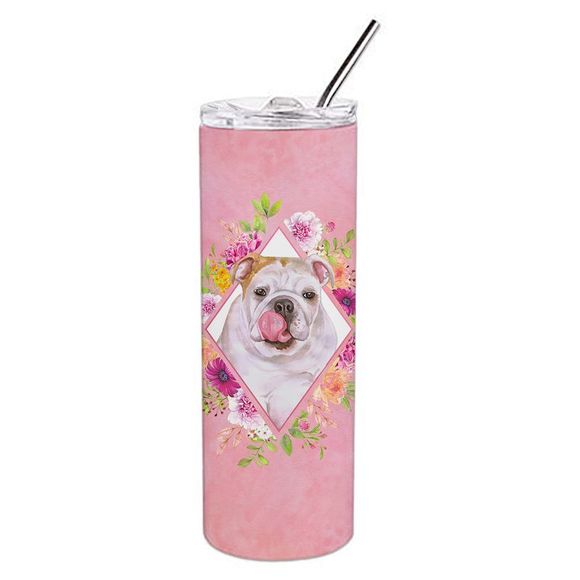 English Bulldog Pink Flowers Stainless Steel 20 oz Skinny Tumbler - Picture 1 of 4